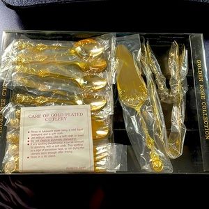 24K GOLD ELECTROPLATE GOLDEN ROSE COLLECTION 28 PC HOSTESS SET TONGS FORKS SPOON